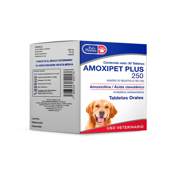 Amoxipet Plus 250 mg., Caja de 30 Tabletas
