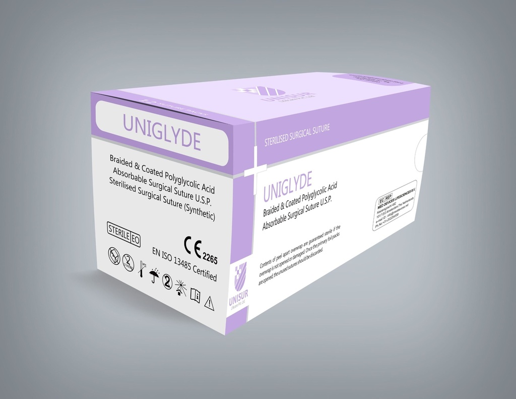 Sutura Quirurgica Uniglyde Mono (Poliglecaprone 25) Monofilamento Absorbible Size 2-0, 12 uds.
